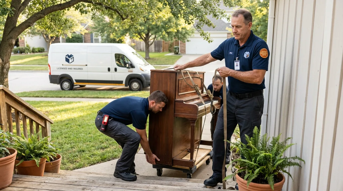 Licensed piano movers securing grand piano in Auburn, MI