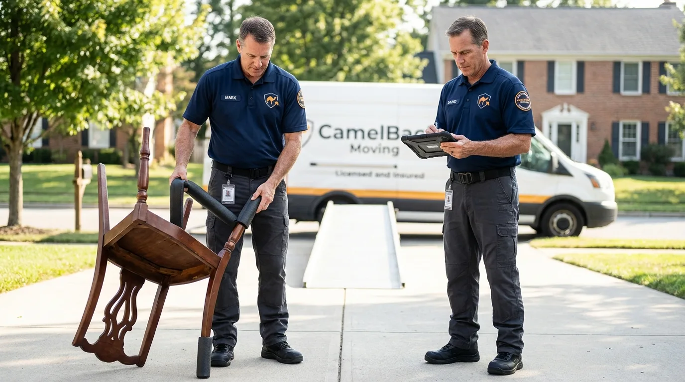 Movers inspecting furniture for damage prevention before loading in Auburn, MI